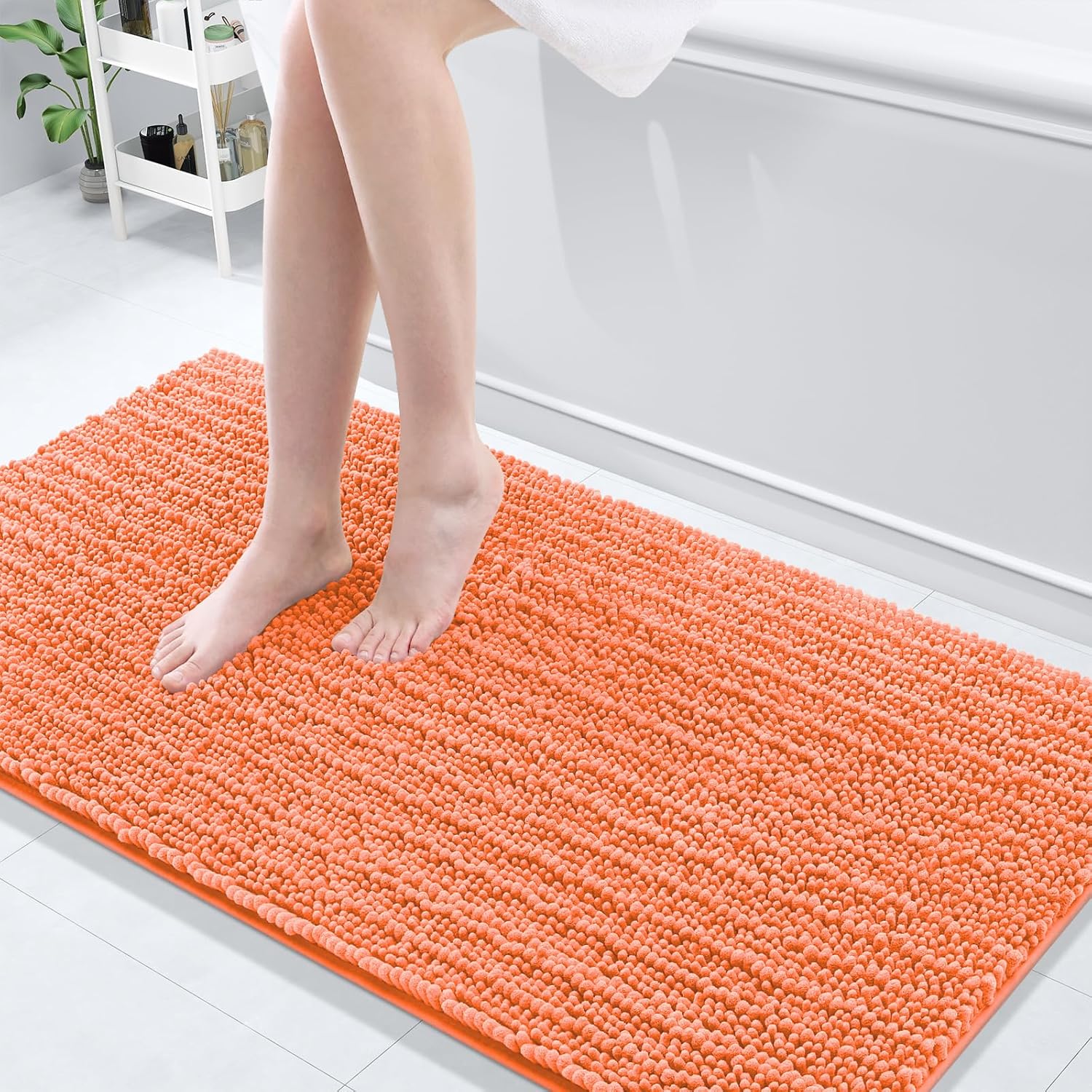 Arotive Luxury Chenille Bathroom Rug Mat, Extra Soft Thick Absorbent Shaggy Bath Rugs, Non-Slip Machine Wash Dry, Plush Bath Mats for Bathroom, Shower and Tub, 60x24, Coral