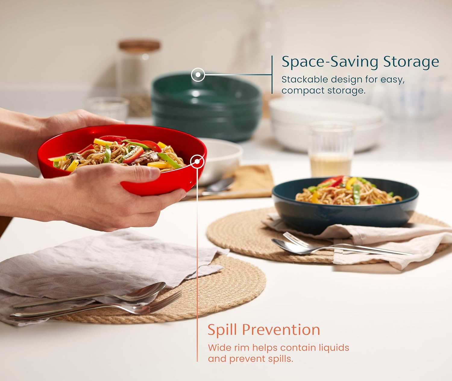 KooK Pasta Bowl, Salad Bowls, Soup, Serving Bowls, Ceramic, Large Capacity, Microwave & Dishwasher Safe, Set of 4, 40 Oz,(Red)