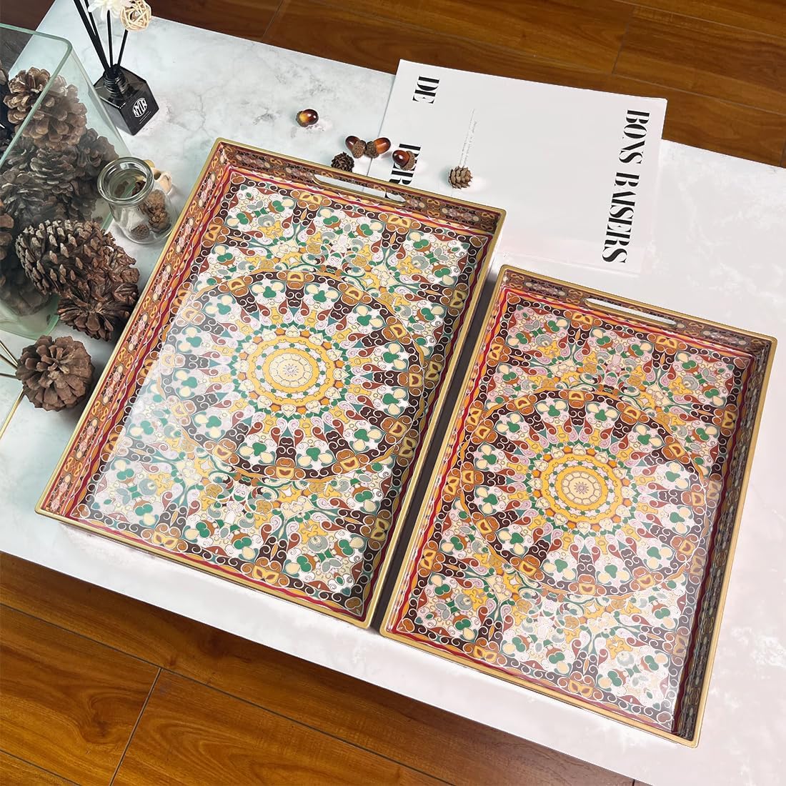 2pcs Boho Red Decorative Serving Tray, Modern Plastic Tray with Handles for Coffee Table, Living Room, Ottoman, Home Decor, Large, 15.7"*11.8"*1.6", Small 13.7"*9.8",