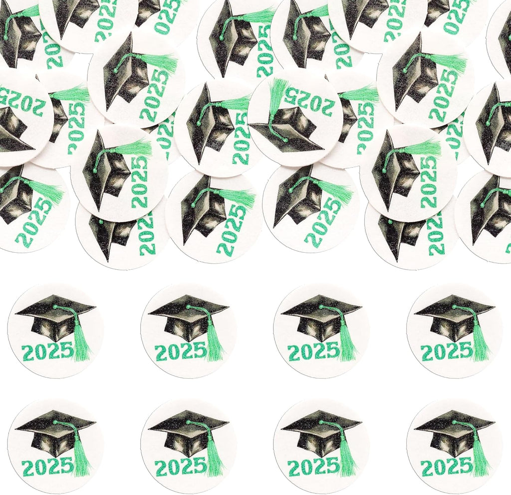 Gyufise 48Pcs Edible 2025 Graduation Theme Cupcake Toppers Wafer Paper Graduation Hat Graduate Cupcake Picks Green