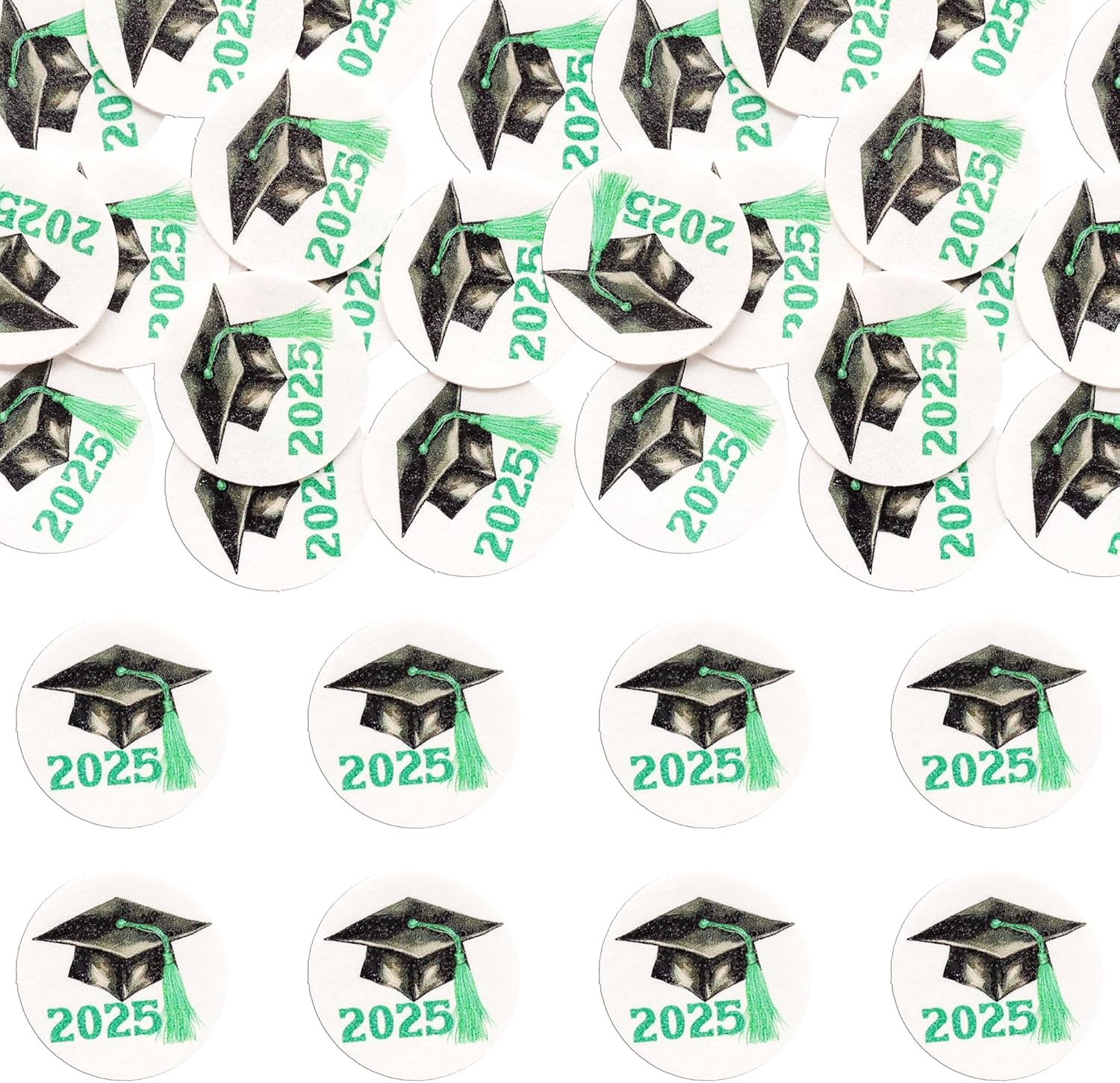 Gyufise 48Pcs Edible 2025 Graduation Theme Cupcake Toppers Wafer Paper Graduation Hat Graduate Cupcake Picks Green