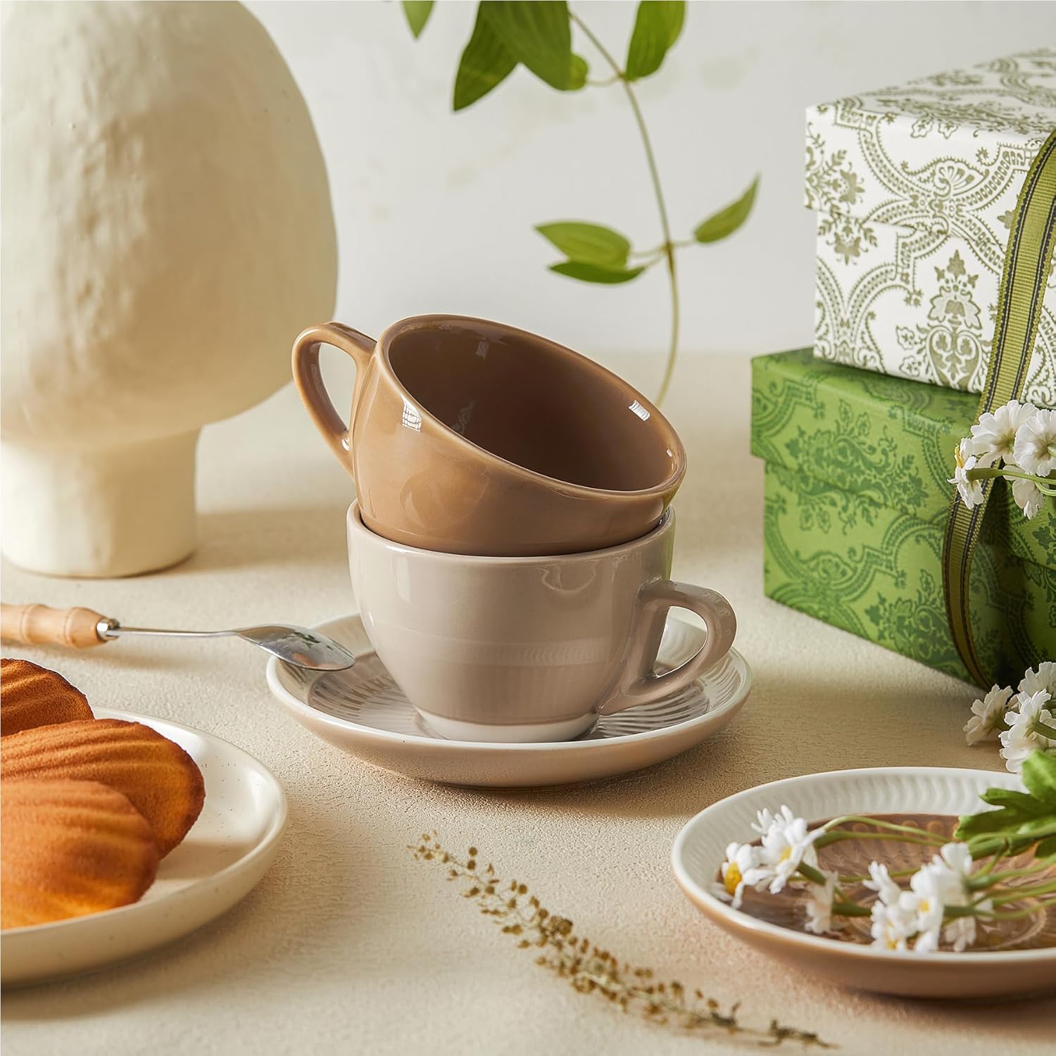 Sweese 6 Ounce Cappuccino Cups with Saucers, Porcelain Double Espresso Cups Set of 4 - Yellow