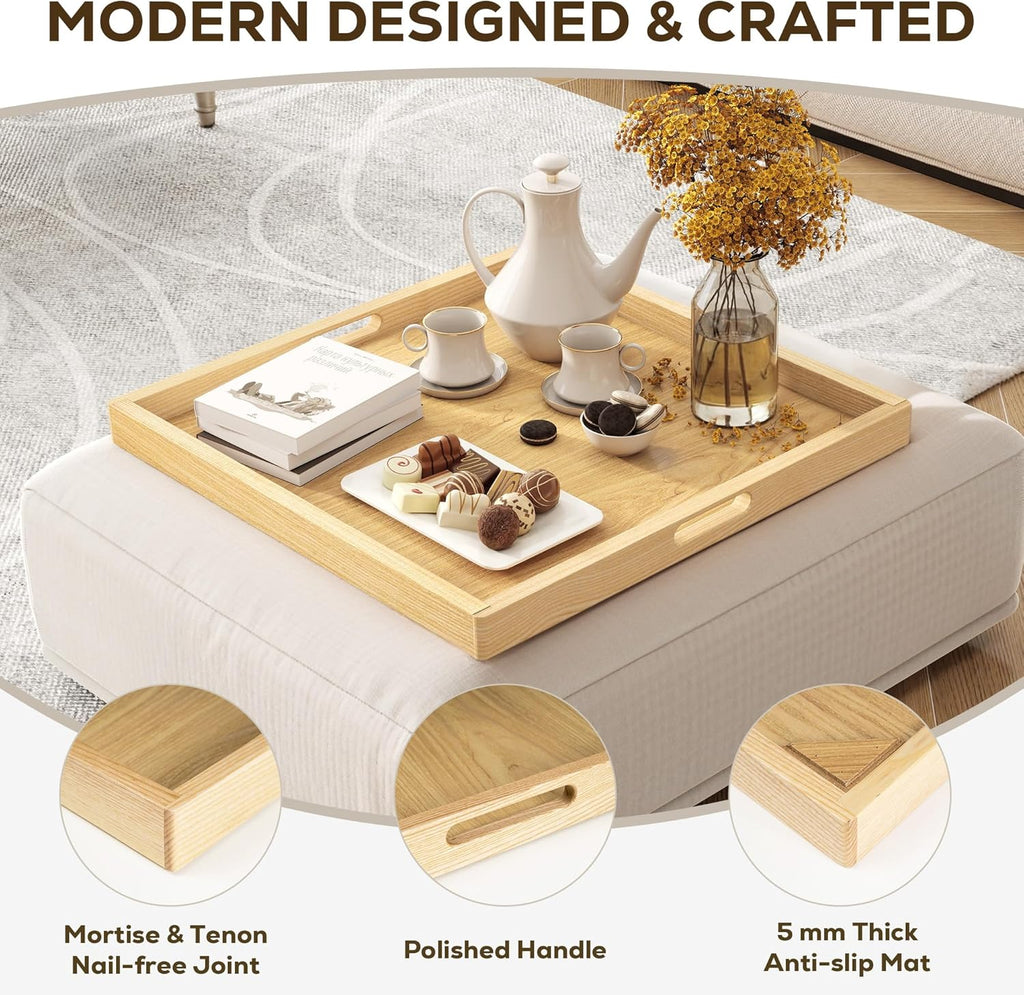 Axeman 22 Inch Large Square Wooden Ottoman Tray for Living Room|Extra Large Serving Tray with Handles for Coffee Table, Breakfast|Decorative Wood Tray for Ottoman Couch Sofa Kitchen|Natural