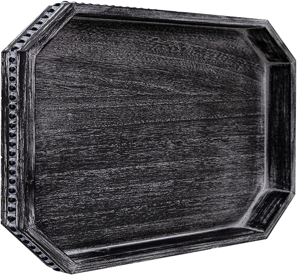 MAONAME Wood Serving Tray, Farmhouse Wooden Tray for Coffee Table, Octagonal Beaded Trays, Vintage Black Decorative Trays for Living Room, Kitchen, 15.7" X 10.2" X 1.6"