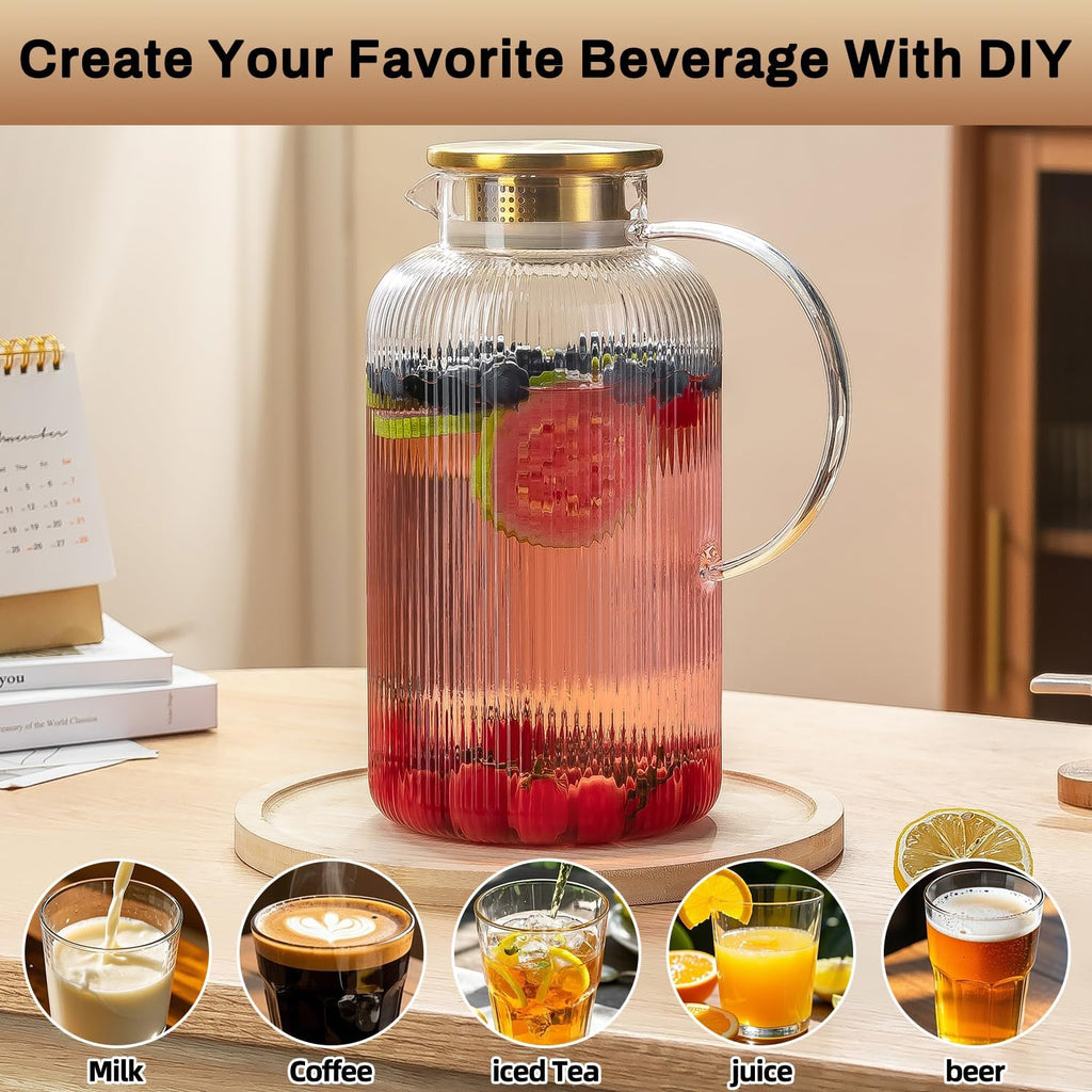 Glass Pitcher with Lid, 100 oz/ 3 Liter Classic Vertical Stripes Water Pitcher,Glass Water Carafe for Cold Brew, Coffee, Lemonade, Iced Sun Tea,Beverage, Milk, Heat Resistant