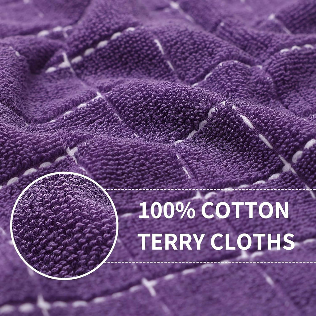 Homaxy 100% Cotton Terry Kitchen Towels(Purple, 13 x 28 inches), Checkered Designed, Soft and Super Absorbent Dish Towels, 8 Pack