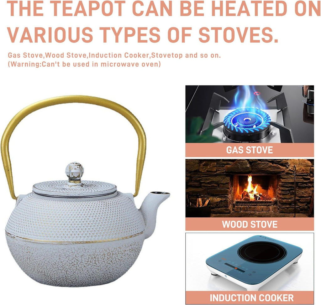 Japanese Tetsubin Cast Iron Teapot Tea Kettle pot with Stainless Steel Infuser for Stovetop Safe Coated with Enameled Interior (White, 1200ml)