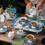 ACMLIFE Bone China Tea Sets with Cake Stand 3 Tiers for 6 Adults, 21 Piece Vintage Tea Cup Set, Blue Floral Tea Sets for Women Tea Party or Gift Giving China/English Tea Cup Set