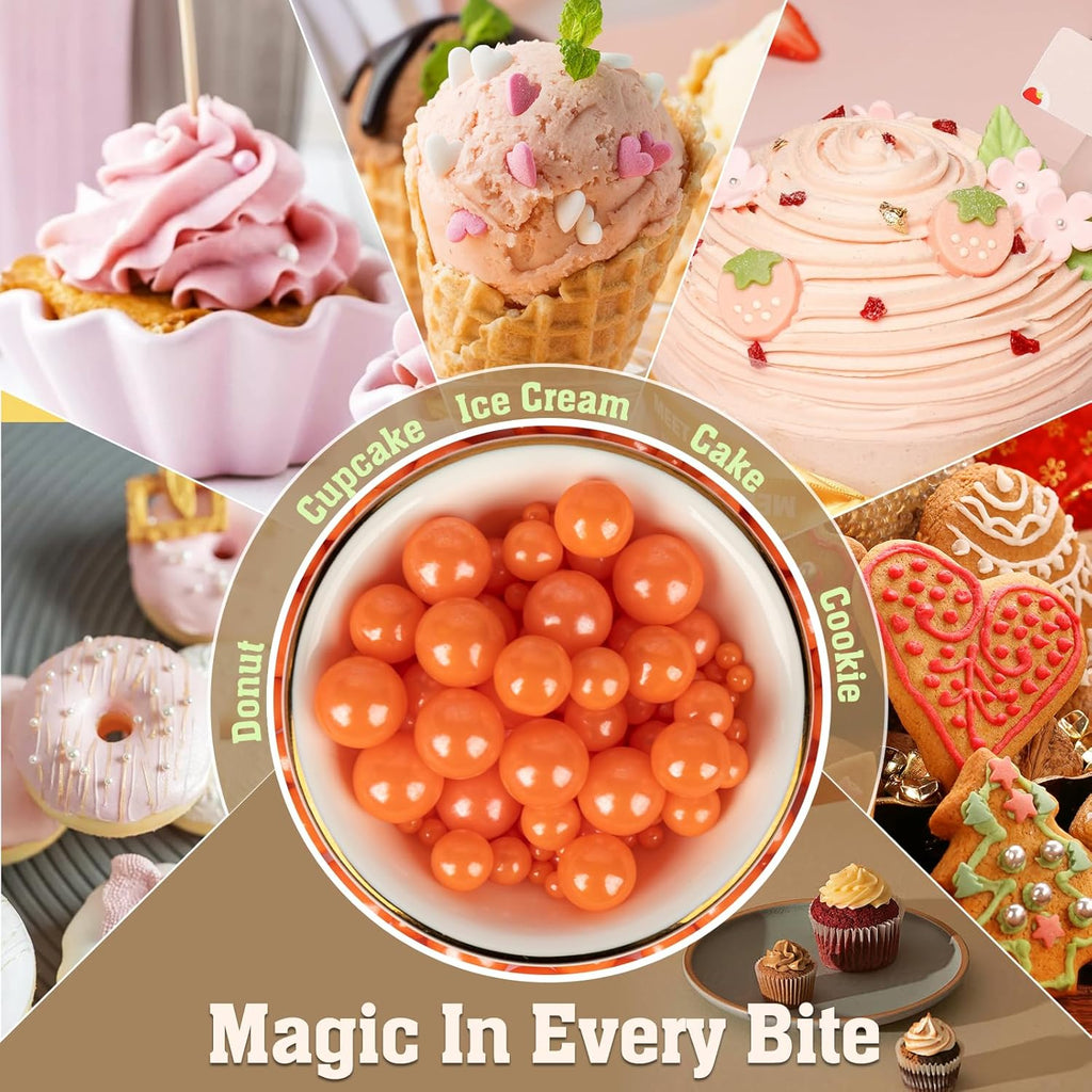 Twisweet Orange Pearl Sprinkles for Cake Decorating, Edible Sugar Pearls for Baking, Mix Size, Cake Topper Cupcake Cookie Ice Cream Dessert Decorations, Halloween Birthday Autumn Party Supplies (130g/4.58oz)