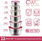 COOK WITH COLOR Stainless Steel Mixing Bowls Set with Lids - Nesting Bowls with Non-Slip Bottom, Rose, 12 Pieces
