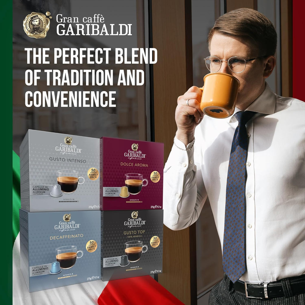 Gran Caffè Garibaldi Espresso Pods, Italian Roasted Coffee, Compatible Nespresso Original Line Machines, Nitrogen Flushed, Full-Bodied Crema, Almond & Dried Fruit - Dolce Aroma 50 Aluminum Cups