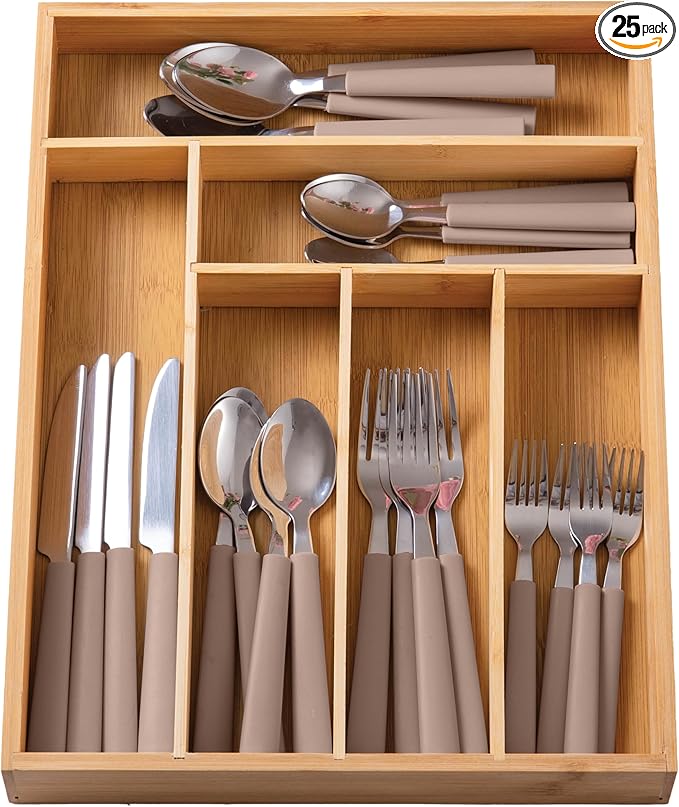 COOK WITH COLOR Bamboo Kitchen Utensil Set with Drawer Organizer | Cooking Tools and Storage Caddy, Brown, 25 Piece Cutlery Set