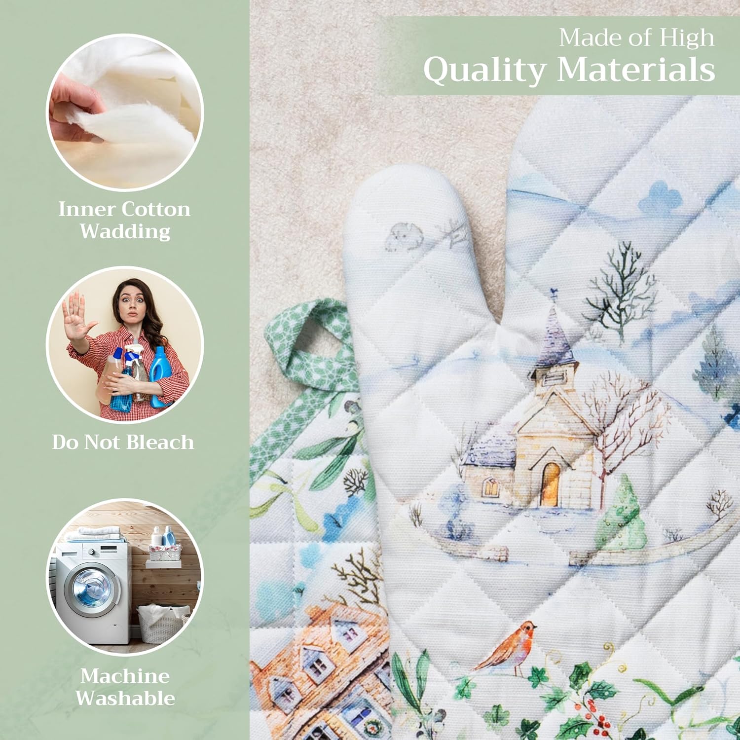 Maison d' Hermine 100% Cotton Oven Mitt & Pot Holder Set (7.5"x13" & 8"x8") Heat Resistant BBQ Cooking Gloves with Loop, Baking, Grilling, Kitchen, Handling Hot Pans (Snowy World)