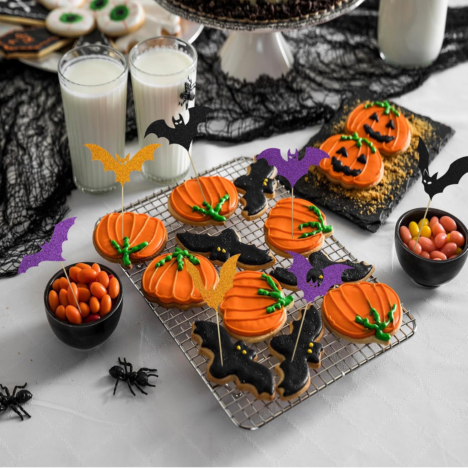YQUQWN 24 PCS Halloween Black Orange Purple Glitter Bat Cupcake Decorations, Halloween Cupcake Selection, Suitable for Children's Birthday Party, Theme Party, Baby Shower Event Decoration Supplies