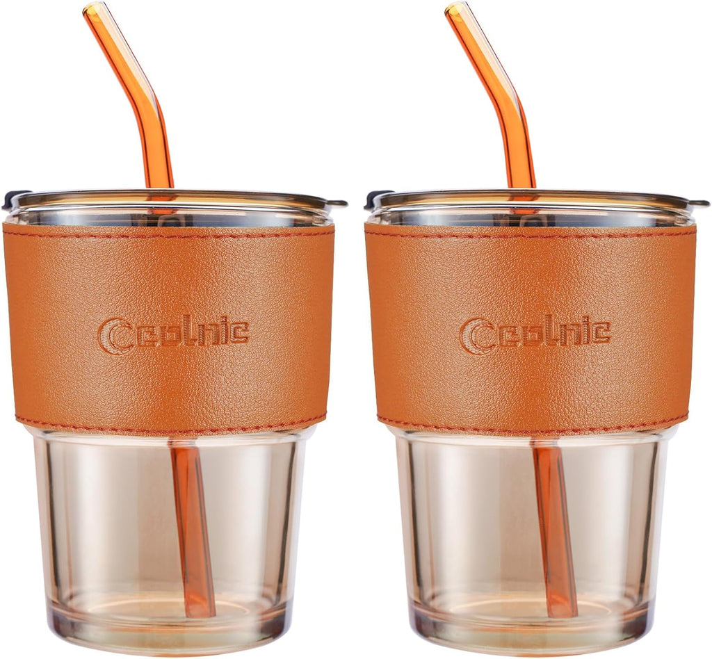 Iced Coffee Cup, 15Oz/450ml Glass Cups With Lids And Straws, Iced Coffee Glasses Tumbler, Thick Wall Glass Mug For Tea Water With 2 Straw And Leather Sleeve, Xmas Gifts (Amber 2PCS)