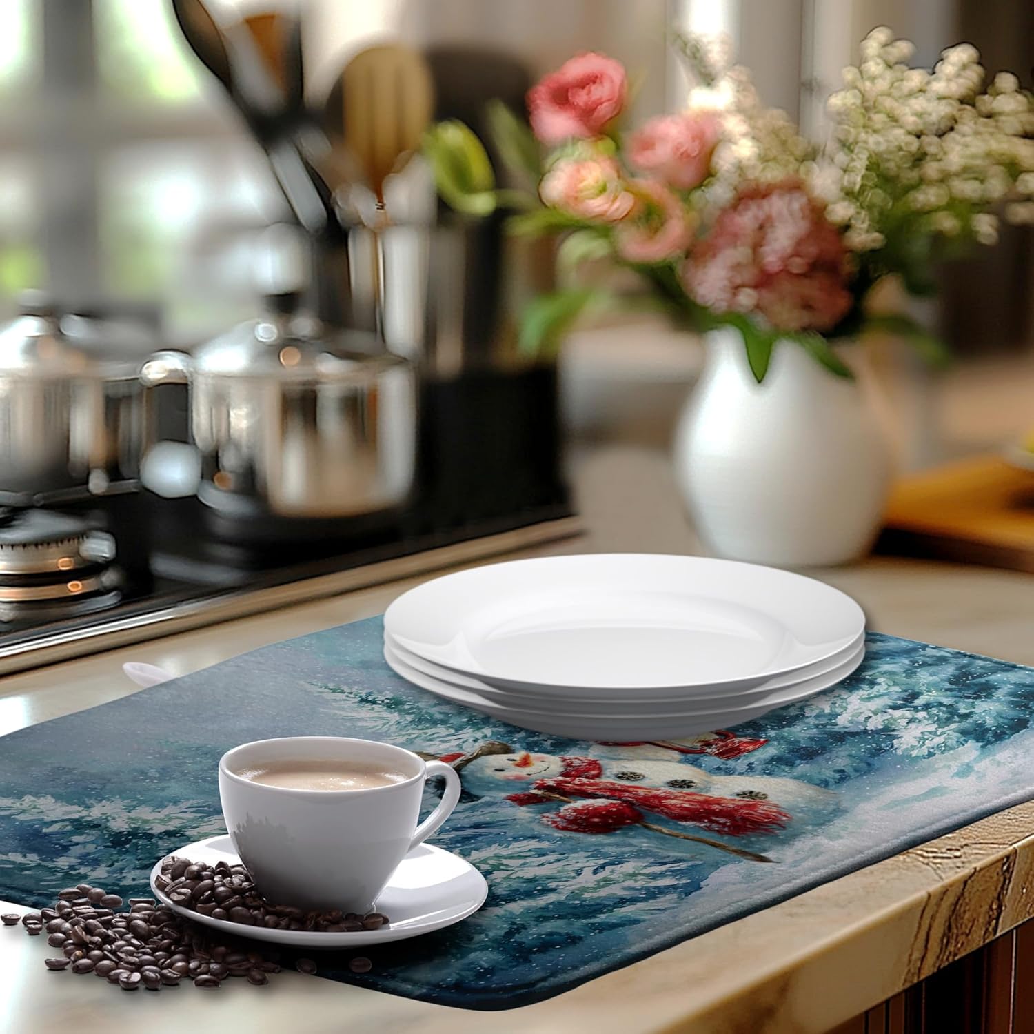 Winter Blue Snowman Dish Drying Mat Christmas Pine Tree Large Kitchen Mats Dish Drying Pad Xmas Absorbent Dish Dryer Mat for Kitchen Countertops Microfiber Drainer Pad Dish Drying Mats (18x24 in)