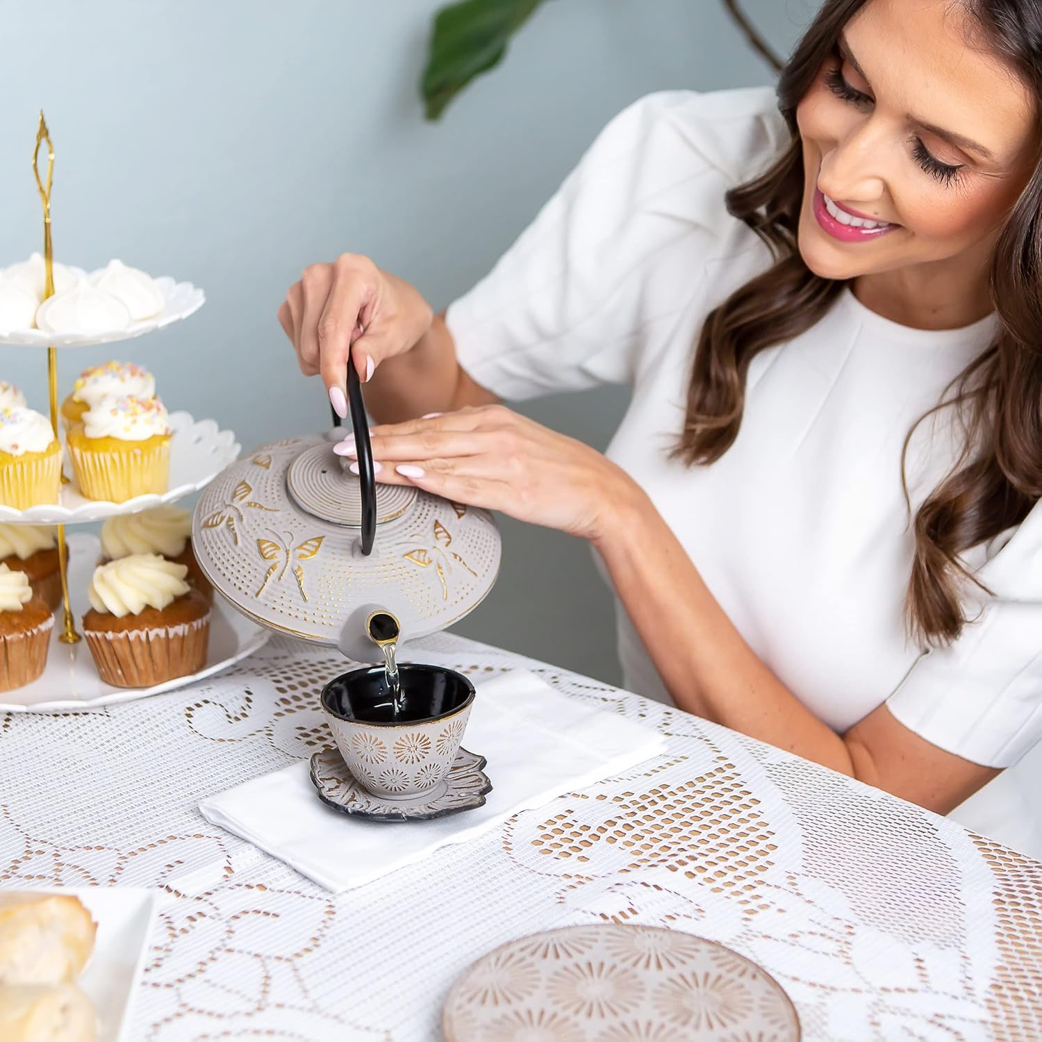 7PC Japanese Tea Set. "Sand Color" Cast Iron Tea Pot with 2 Tea Cups, 2 Saucers, Tea Infuser and Teapot Trivet. Ceremonial Matcha Accessories