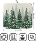 Winter Green Pine Tree Dish Drying Mat for Kitchen Counter,Red Bird Snowflake Drying Mat 16 x 18 Inch with High Absorbent Microfiber Drainer Mat for Coffee Bar