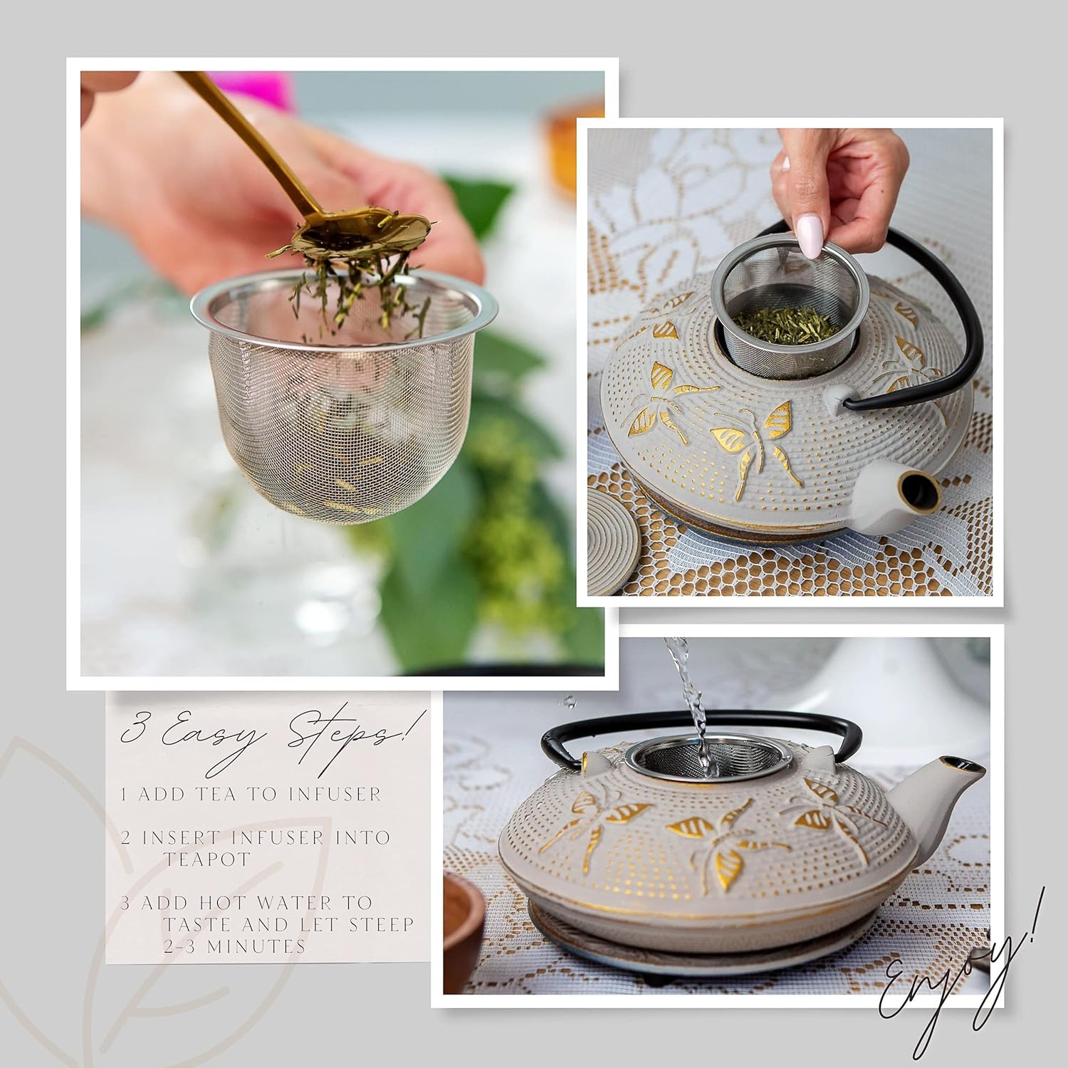 7PC Japanese Tea Set. "Sand Color" Cast Iron Tea Pot with 2 Tea Cups, 2 Saucers, Tea Infuser and Teapot Trivet. Ceremonial Matcha Accessories