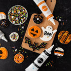 Halloween Frosting Kit with Sprinkles & Eyeballs – 11.31 oz Decorating Set with 3 Frosting Tubes (Orange, Black, White), 4 Nozzles & 2 oz Sprinkle Mix – Cookie & Cupcake Kit for Kids & Families