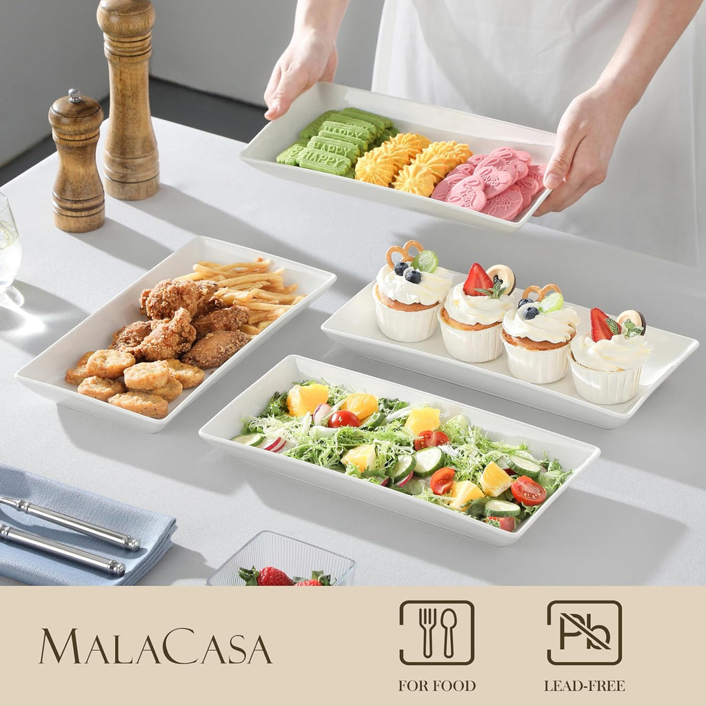 MALACASA Serving Platters Set of 4, Ceramic Serving Platters and Trays for Serving Food, Rectangular Serving Trays for Party, Large Serving Plates, Party Serving Trays and Platters - 12 Inch, White
