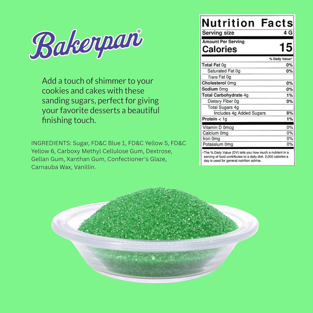 Bakerpan Green Sanding Sugar for Baking & Cookie Decorating - 5 Ounce Edible Green Sugar Sprinkles for Cookies, Cakes, Cocktails (Made In USA)
