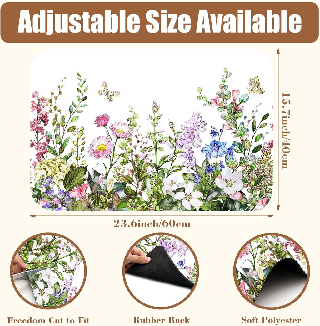 Watercolor Flower and Butterfly Dish Drying Mat for Kitchen Counter Absorbent Coffee Mat with Hide Stain Rubber Backed Espresso Machine Coffee Bar Accessories 15.7 x 23.6 Inch