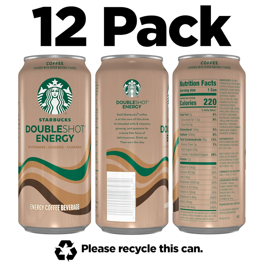 Starbucks RTD Energy Drink, Doubleshot Energy Drink, Coffee, Guarana, Vitamin B, Ginseng, 15 Oz Cans (Pack of 12)