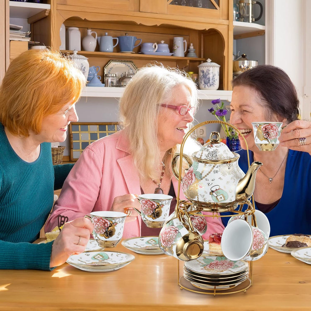 Zhehao 20 Pcs Porcelain Tea Set with Metal Holder and Spoon Adult Ceramic Tea Party Set European Flower Painting Teapot Cup Saucer Spoon Set for Women, Large Version(Bright Style)