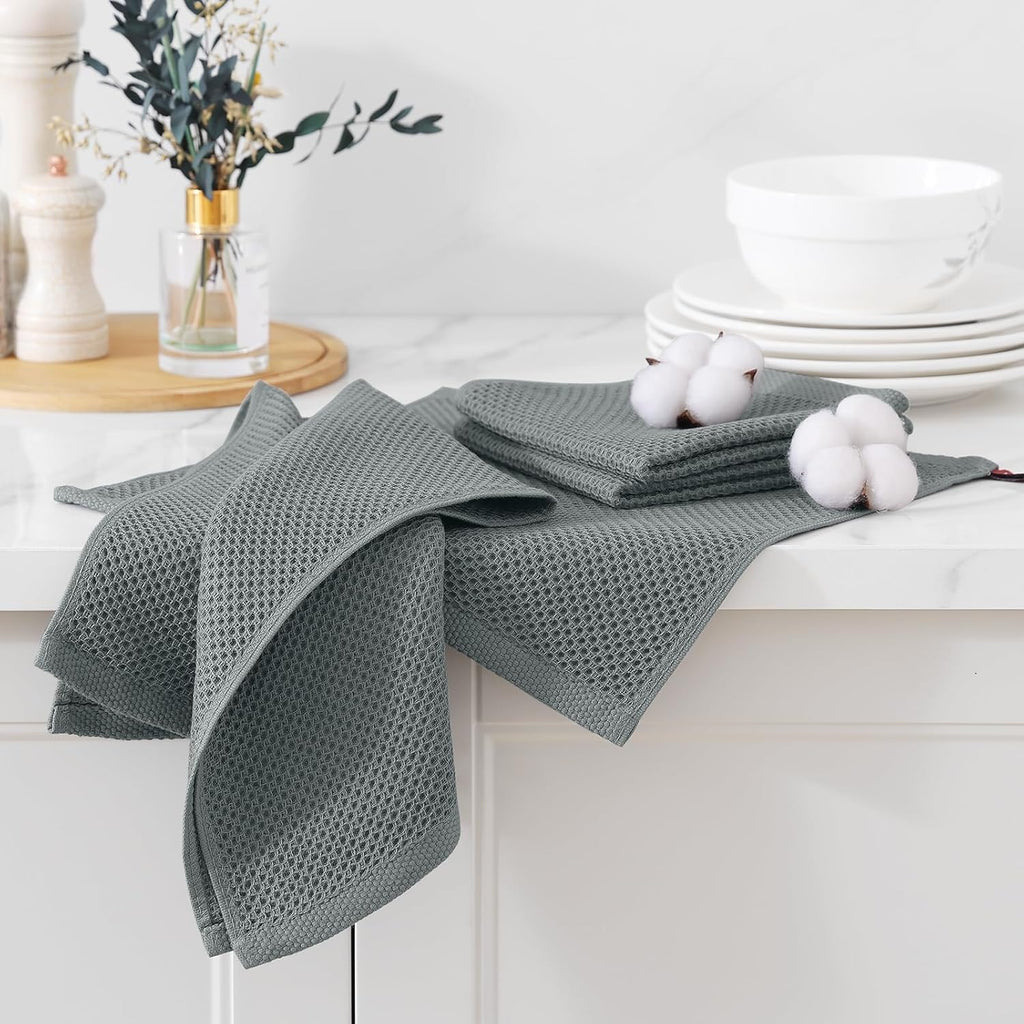 Kitinjoy 100% Cotton Kitchen Dish Cloths (12 X 12 Inches, Grey),6 Pack Waffle Weave Ultra Soft Absorbent Dish Towels for Drying Dishes Quick Drying Kitchen Towels Dish Rags