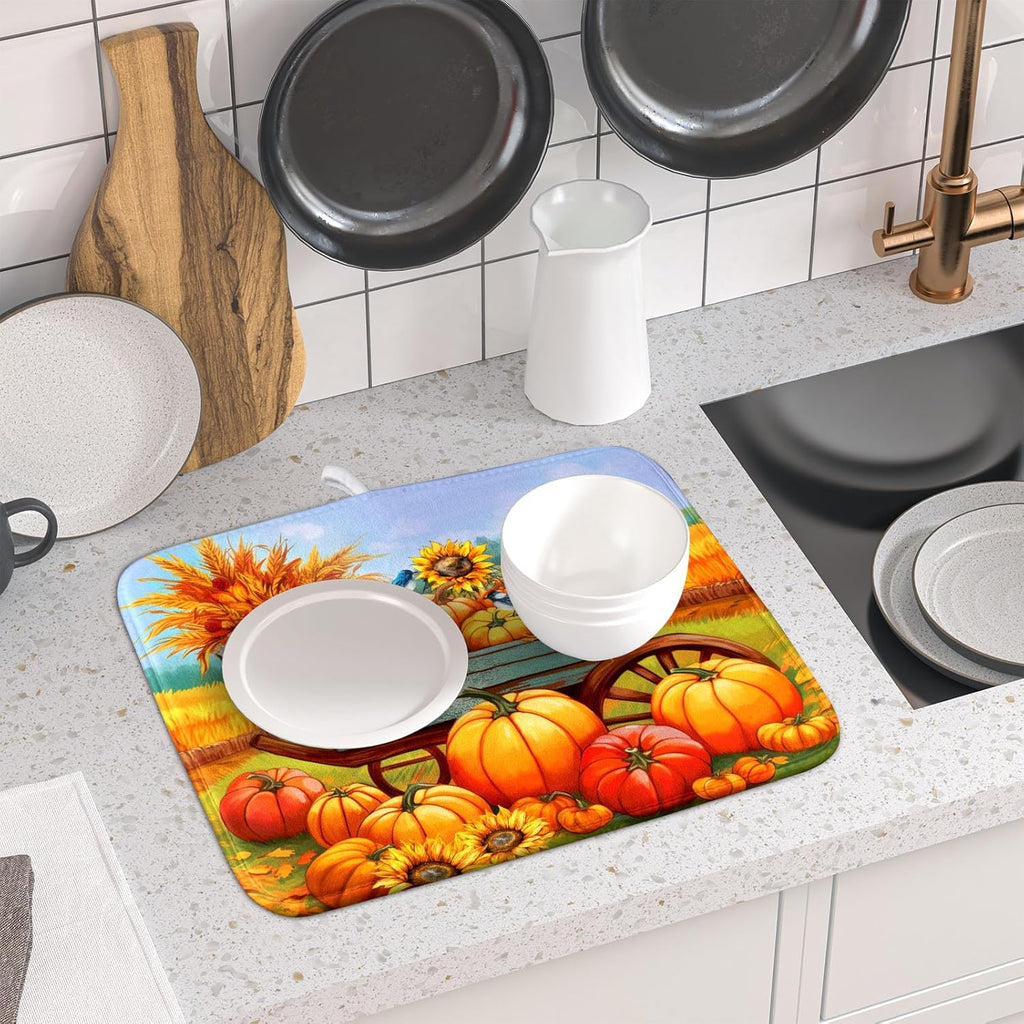 Thanksgiving Autumn Harvest Pumpkin Dish Drying Mat for Kitchen Counter,Sunflowers and Cart Drying Mat 16 x 18 Inch Microfiber Dish Drying Pad Ear of Rice Dish Rack Drainer Mat for Coffee Bar