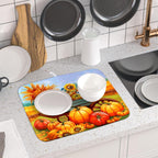 Thanksgiving Autumn Harvest Pumpkin Dish Drying Mat for Kitchen Counter,Sunflowers and Cart Drying Mat 16 x 18 Inch Microfiber Dish Drying Pad Ear of Rice Dish Rack Drainer Mat for Coffee Bar