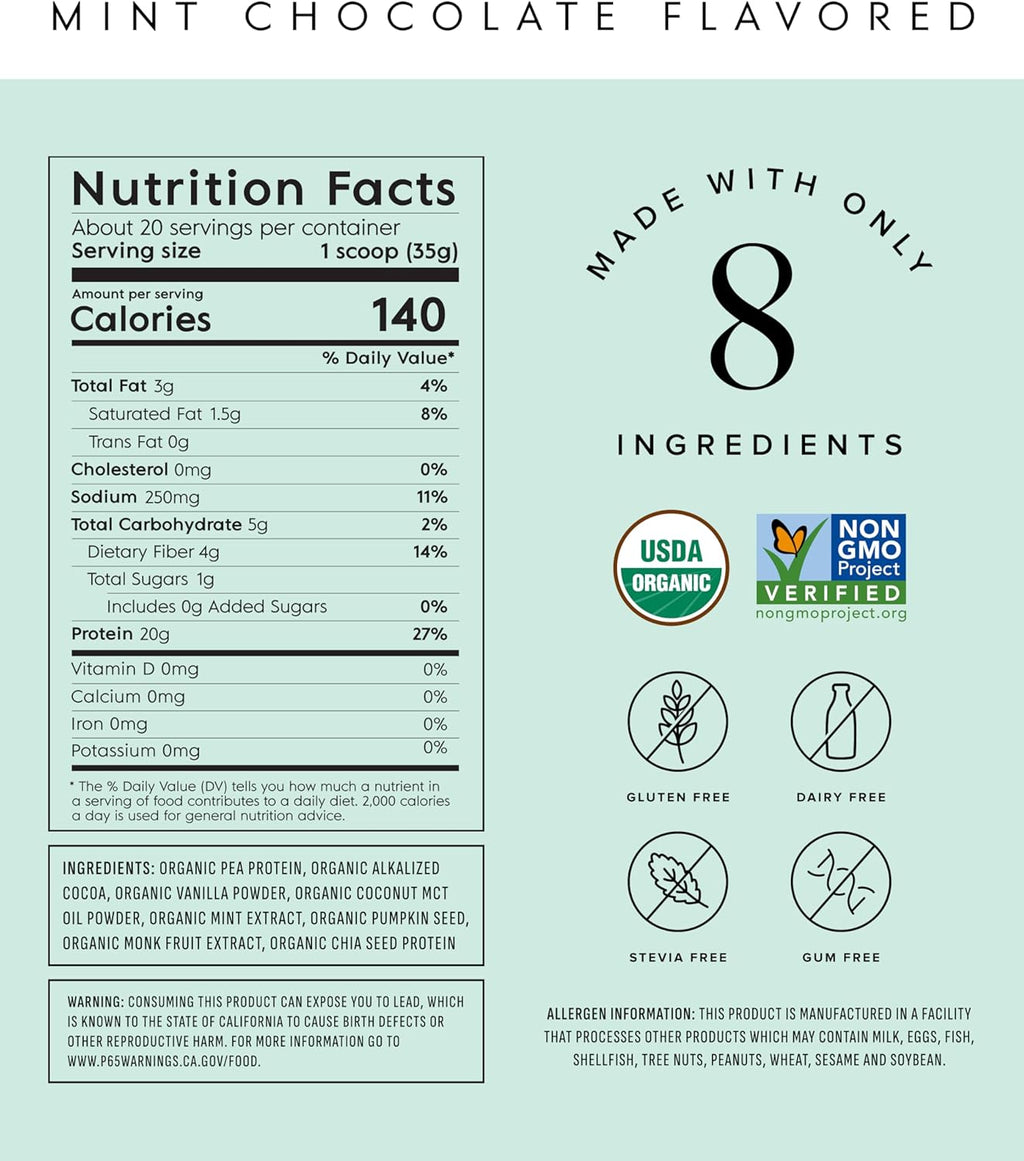 Truvani Vegan Pea Protein Powder | Mint Chocolate | 20g Organic Plant Based Protein | 20 Servings | Keto | Gluten & Dairy Free | Low Carb | No Added Sugar