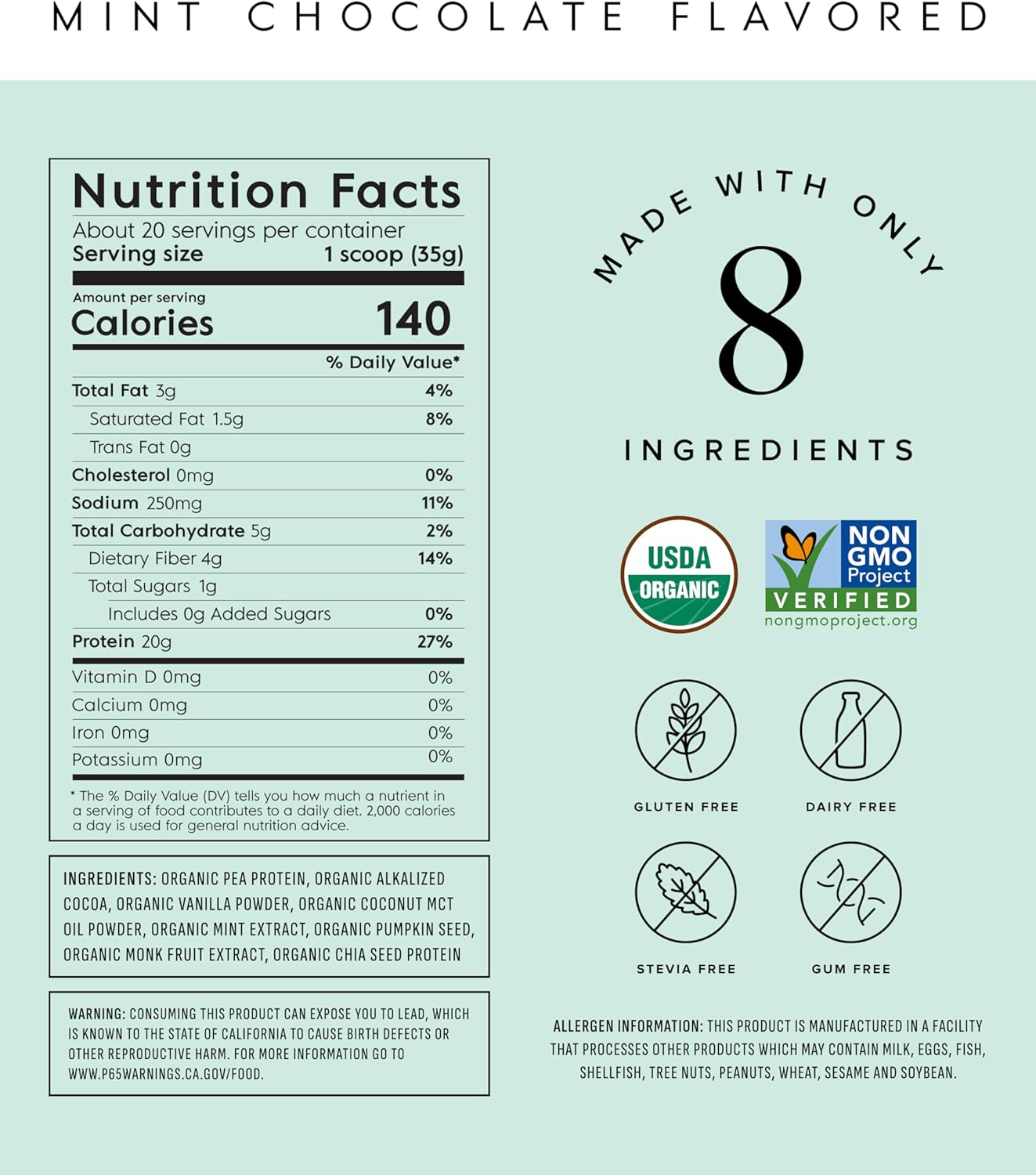 Truvani Vegan Pea Protein Powder | Mint Chocolate | 20g Organic Plant Based Protein | 20 Servings | Keto | Gluten & Dairy Free | Low Carb | No Added Sugar