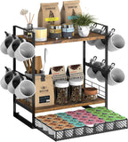 Coffee Station Organizer, 3 Tier Bar Organizer for Countertop, Mug Cup Holder Stand With 12 Hooks and 28 K Cup Storage for Kitchen, Home & Office, Rustic Brown