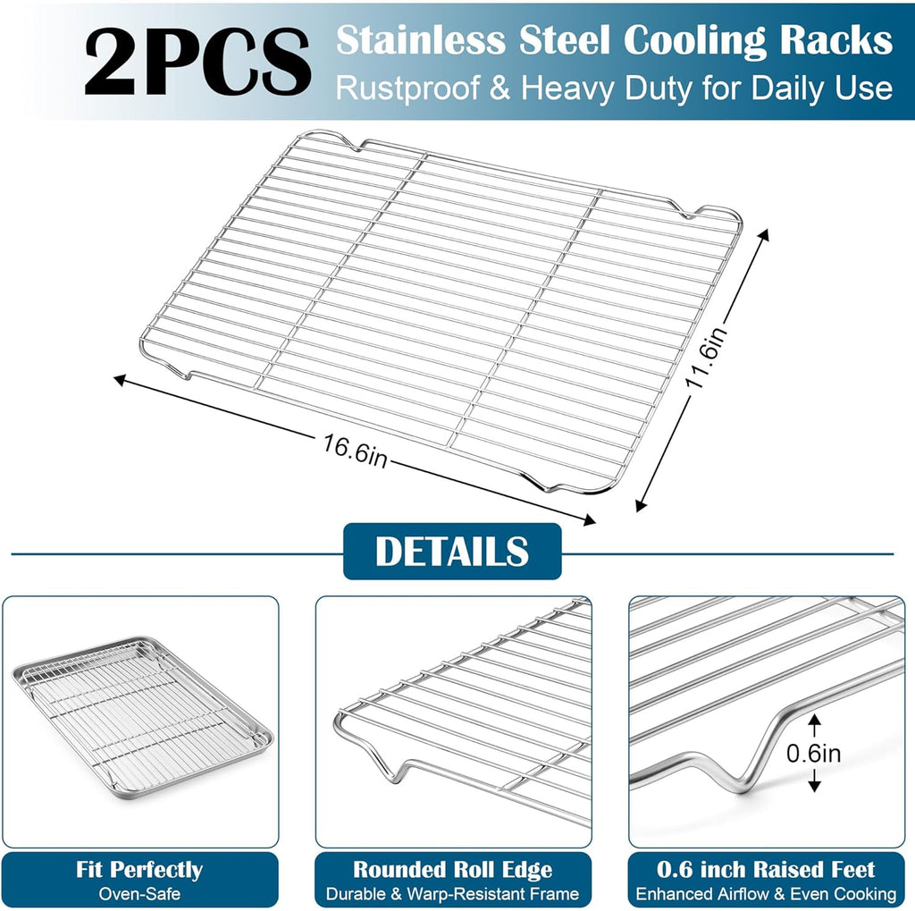 E-far Baking Sheet with Wire Rack (2 Pans + 2 Racks), Large Stainless Steel Cookie Sheets Pan & Cooling Rack for Baking Cookies Cake, Non Toxic & Heavy Duty, Oven & Dishwasher Safe, 18 x 13 x 1 Inch
