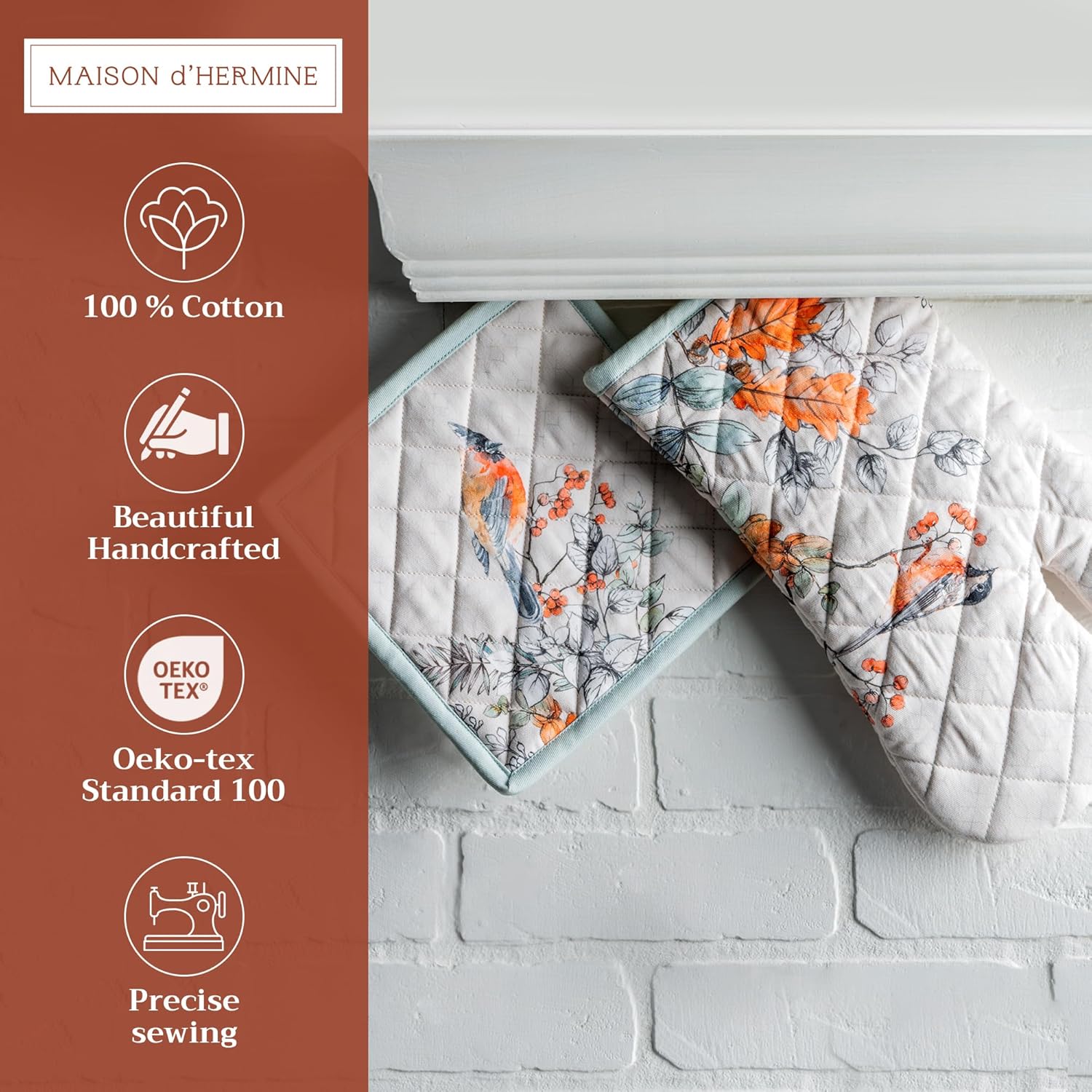 Maison d' Hermine 100% Cotton Oven Mitt & Pot Holder Set (7.5"x13" & 8"x8") Heat Resistant BBQ Cooking Gloves with Loop, Baking, Grilling, Kitchen, Handling Hot Pans (Whitish Shabby Chique)