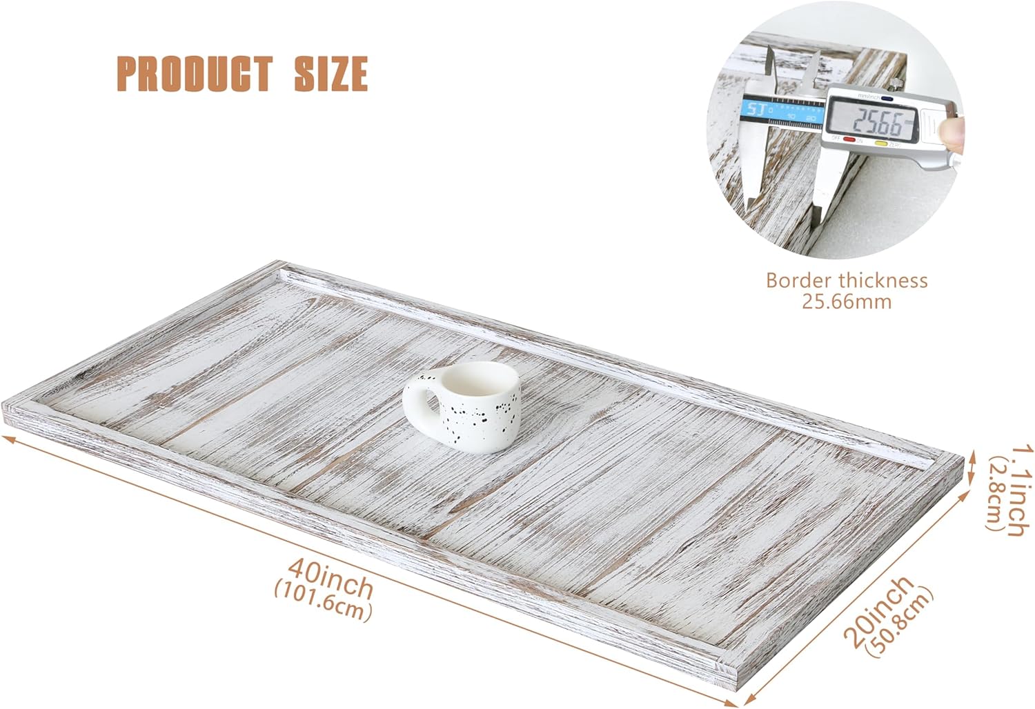 40"x20" Extra Large Long Rectangle Ottoman Table Tray - Rustic Wooden Serving Tray for Farmhouse Decorative Oversized Coffee Table Trays Living Room Kitchen Counter Breakfast White