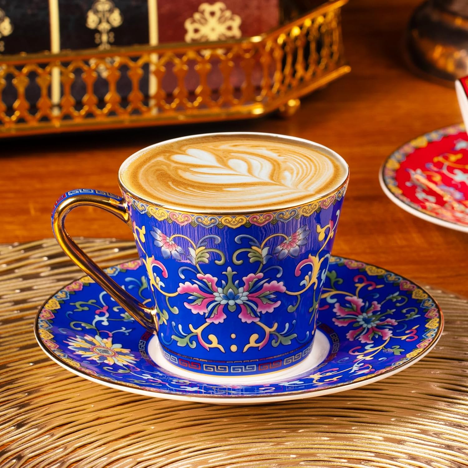 KAMMAK Tea Cups and Saucers Set of 2, Porcelain Coffee Cup with Saucer for Espresso, Cappuccino, 8oz Vintage Red and Blue Ceramic Demitasse Mug for Home, Tea Party, Office