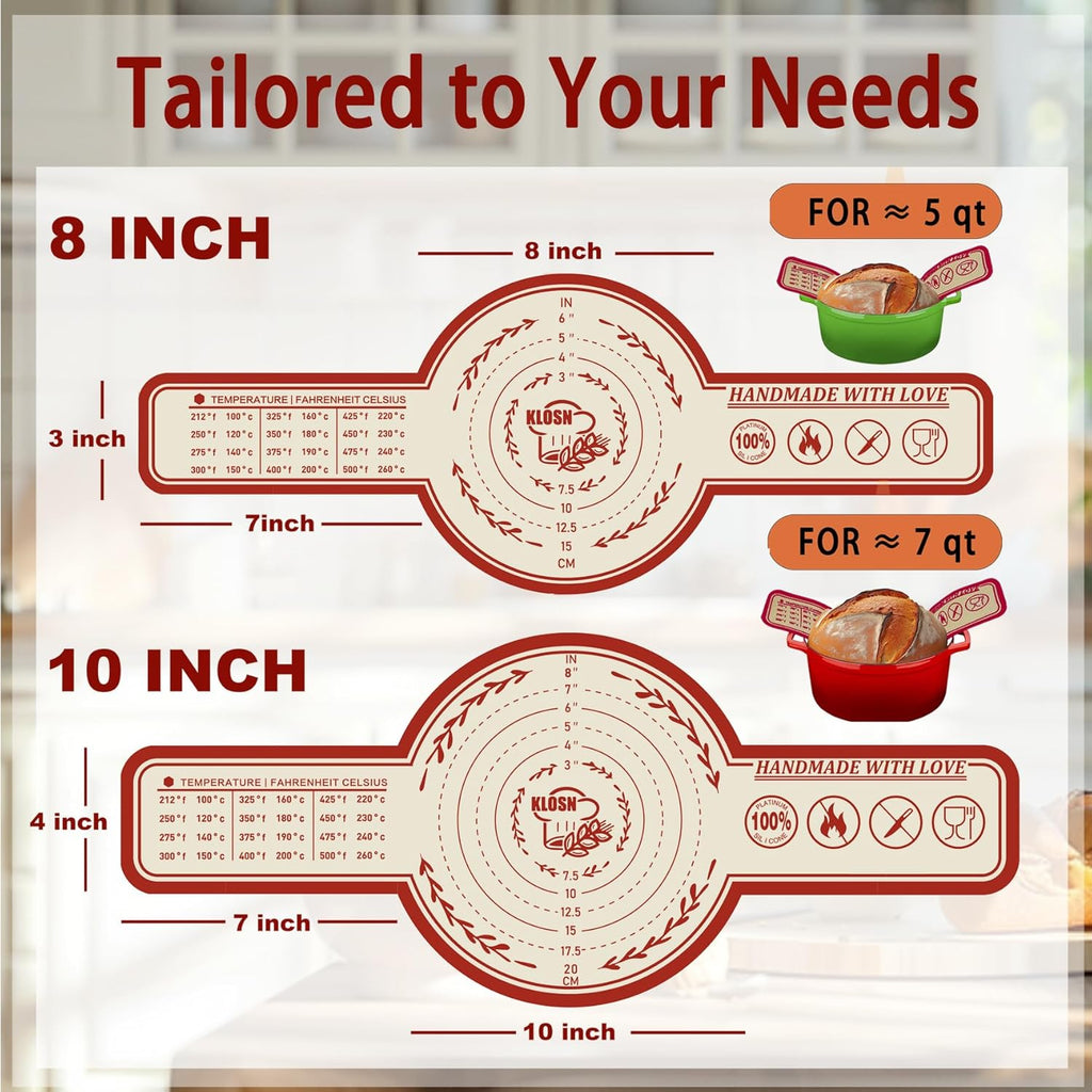 Large Silicone Bread Sling for Dutch Oven, 2 Pack (10" Round) – Non-Stick & 500°F Heat Resistant Sourdough Mat, Easy to Clean, Reusable Food-Grade Sourdough Sling – Fits 7 qt and up Dutch Ovens