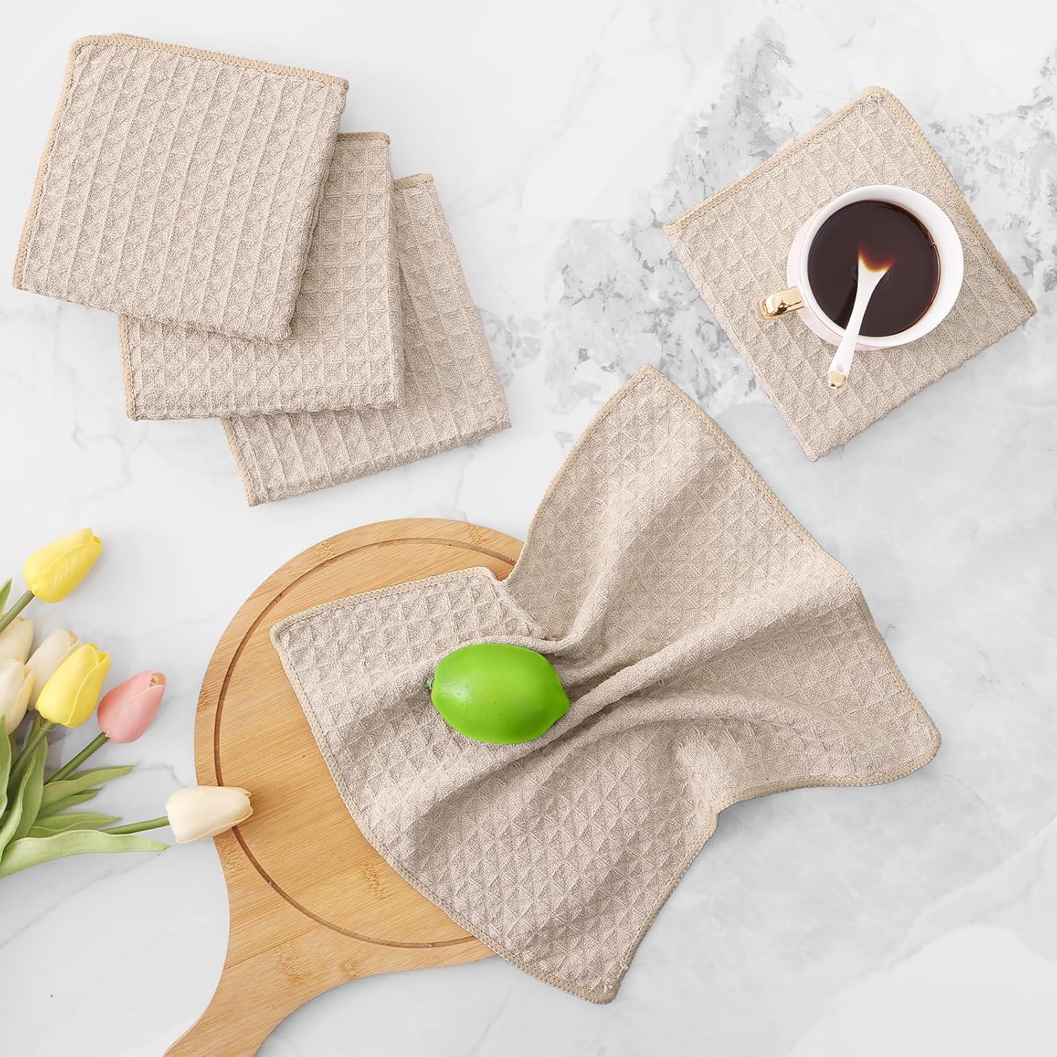 Homaxy Microfiber Waffle Weave Kitchen Dish Cloths, 12 x 12 Inch Ultra Absorbent and Solid Color Dish Towels for Kitchen Fast Drying Dishcloth for Washing Dishes, 6 Pack, Beige