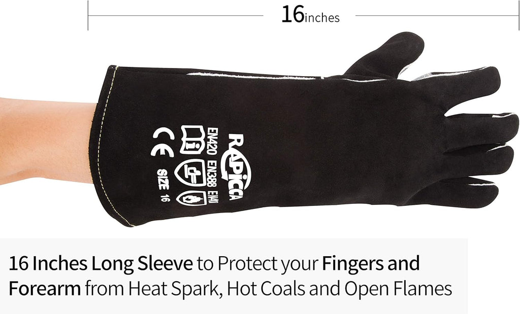 RAPICCA Welding Gloves Fire Heat Resistant: Black 16IN - Fireproof Leather For Stick Mig Flux-Core Welder Forge Blacksmith Fireplace Wood Stove Fire Pit Furnace Handling Dry ice - One Size 662℉