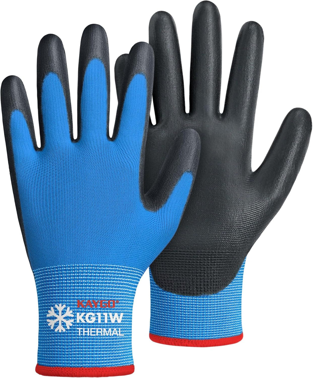 KAYGO Winter Work Gloves for Men and Women, 12 Pairs Thermal Insulated Safety Work Gloves PU Coated, Smooth Grip on Palm & Fingers,Ideal for Freezer Work,Blue,S