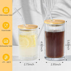 14 oz Drinking Glasses Set of 4 with Bamboo Lids Straws Striped Ribbed Glassware Set Vintage Glass Cups Embossed Iced Coffee Cup for Beer Cocktail Beverage(Ribbed)