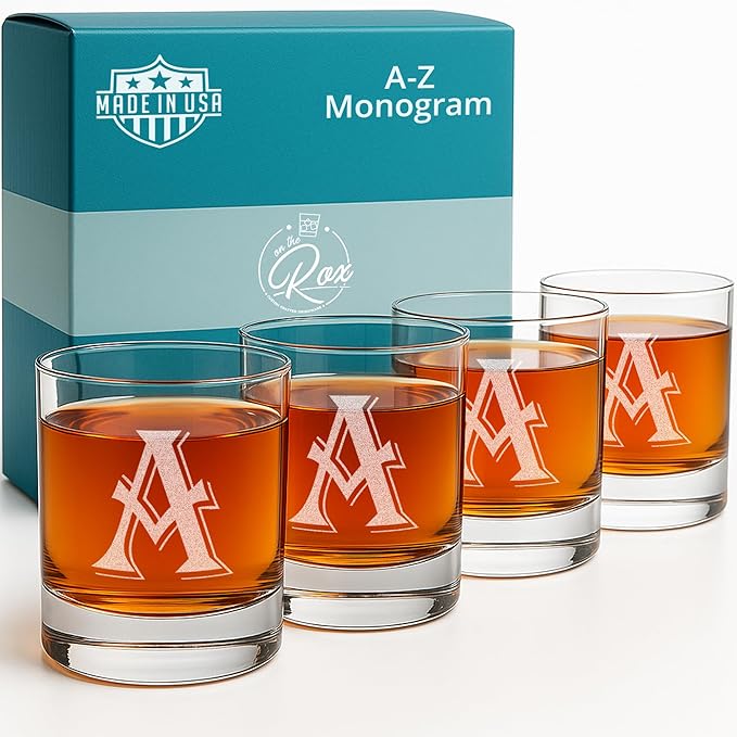 On The Rox Drinks 4 Piece Glass Set Engraved with A-Monogram, 11-Ounce