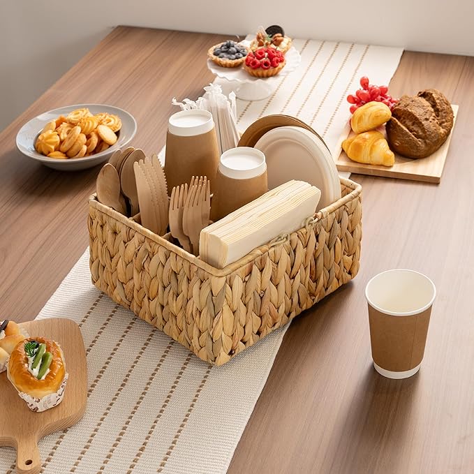 StorageWorks Wicker Silverware Organizer with Handle, Water Hyacinth Kitchen Utensil Holder, Large Utensil Holder for Kitchen Counter, Spoon Forks Cutlery Caddy, Paper Plate Dispenser for Countertop