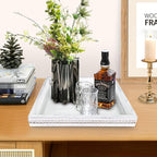 Wooden Decorative Tray, Small Serving Tray with Wood Bead, Farmhouse Big Tray for Ottoman, Countertop, Coffee Tabl, 13" x 13"x 1.6" (Retro White)