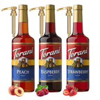 Raspberry, Strawberry, Peach Syrup - Fruit Flavors For Italian Soda Flavoring - 3 Pack with 3 Jimoco Pump Dispensers