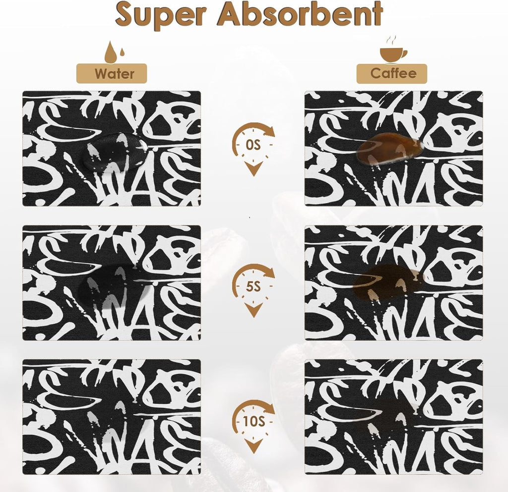 Arttown Coffee Mat for Countertops, Graffiti Abstract Letters Old School Black Dish Drying Mat 2 Pcs for Kitchen Bar Accessories, Coffee Maker Espresso Machine Dish Rack Hide Stain Rubber 12x19in