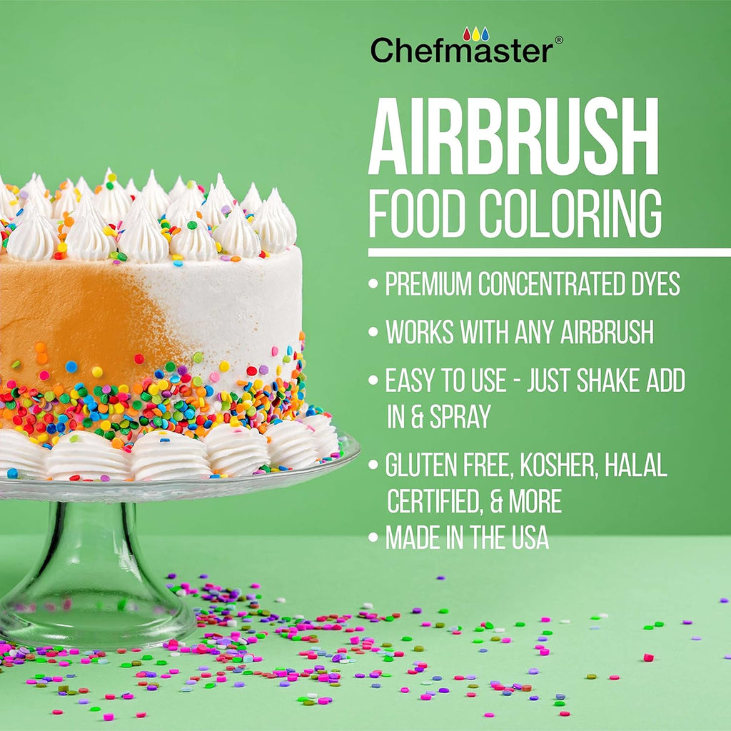 Chefmaster - Airbrush Food Coloring - 8 Color Pack - Vibrant and Fade-Resistant Sheen - Works With Any Airbrush Tool to Achieve Amazing Effects and Designs - Made in the USA
